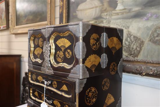 A good Japanese silver mounted gold lacquered table cabinet, Meiji period, H. 53cm, W. 43cm, minor faults
